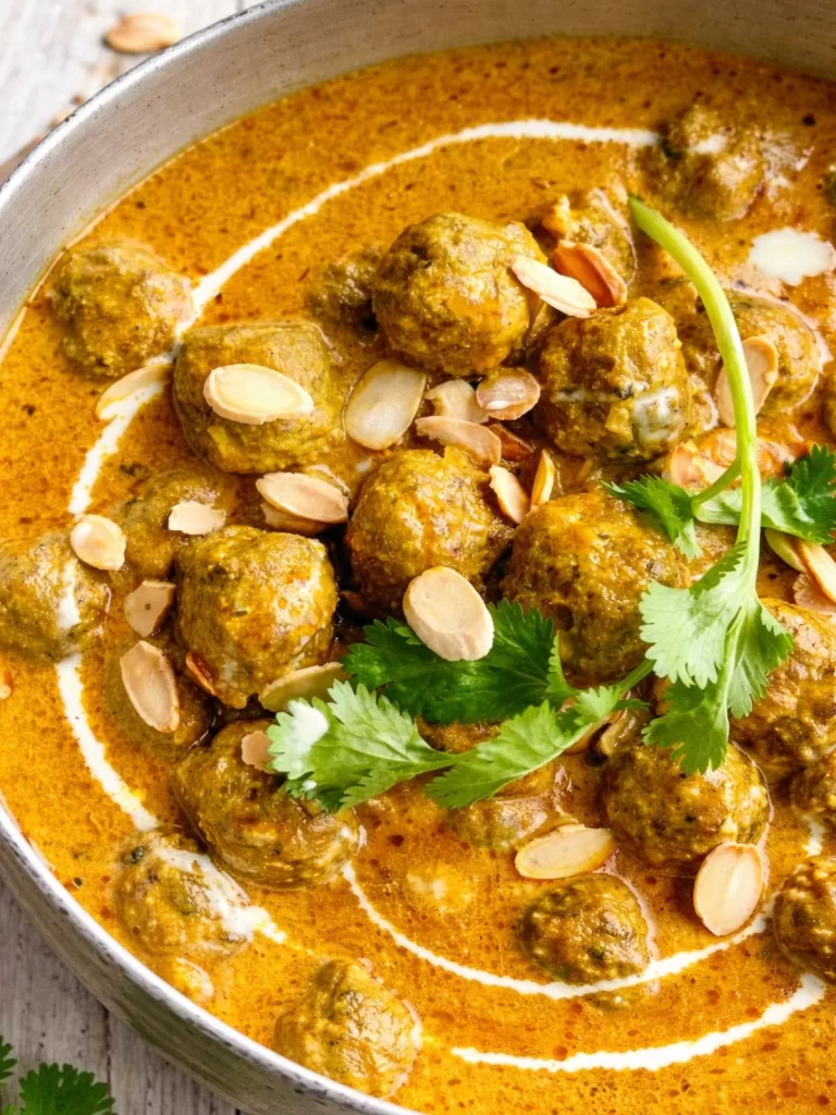 close up of lamb meatballs in curry sauce topped with toasted flaked almonds and coriander.