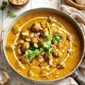 Lamb meatball curry in a skillet, topped with cream swirl, toasted almonds and fresh coriander on a white timber background with natural light.