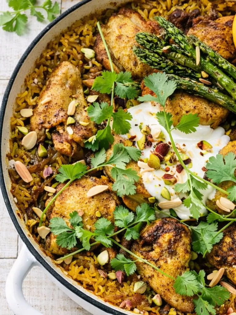 close up of chicken and rice in a white pan, topped with spiced chicken, asparagus, herbs, nuts and a dollop of yogurt, styled on a white timber background in natural light.