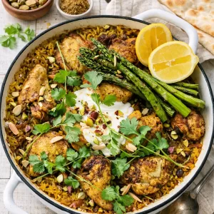 One-pot Middle Eastern chicken and rice in a white pan, topped with spiced chicken, asparagus, lemon wedges, herbs, nuts and a dollop of yogurt, styled on a white timber background in natural light.