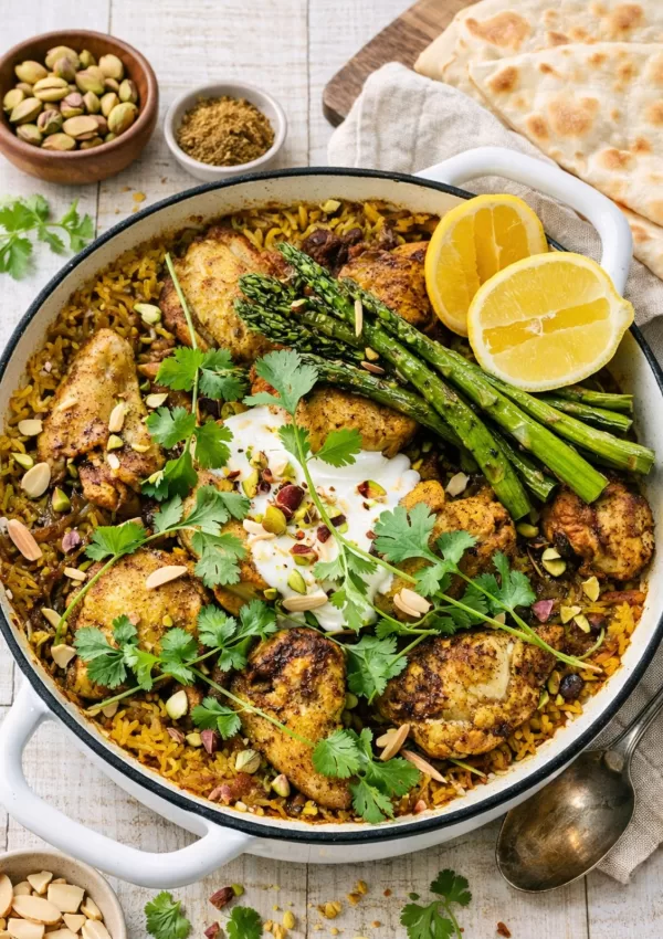 One-pot Middle Eastern chicken and rice in a white pan, topped with spiced chicken, asparagus, lemon wedges, herbs, nuts and a dollop of yogurt, styled on a white timber background in natural light.