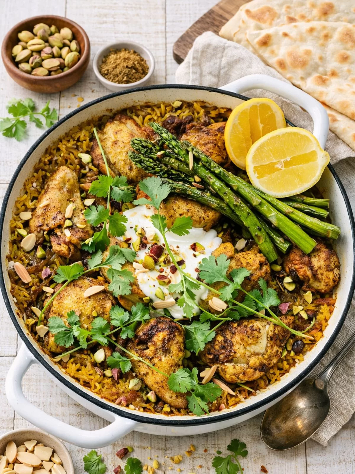 One-pot Middle Eastern chicken and rice in a white pan, topped with spiced chicken, asparagus, lemon wedges, herbs, nuts and a dollop of yogurt, styled on a white timber background in natural light.