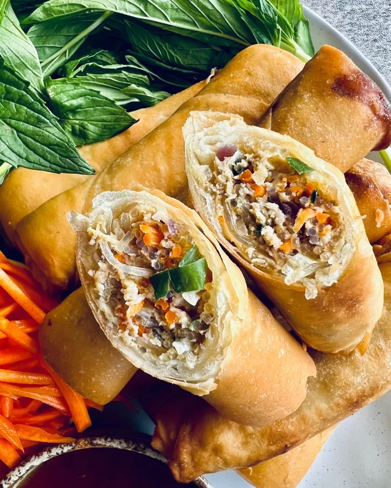 cut open spring roll showing filling