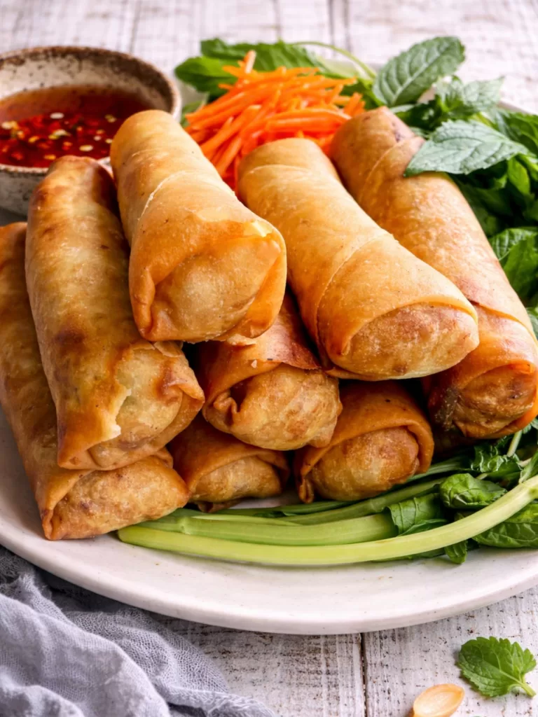 Close-up of crispy Vietnamese spring rolls stacked on a neutral plate with fresh mint, shredded carrot and sweet chilli dipping sauce, set on a white timber background in natural light.