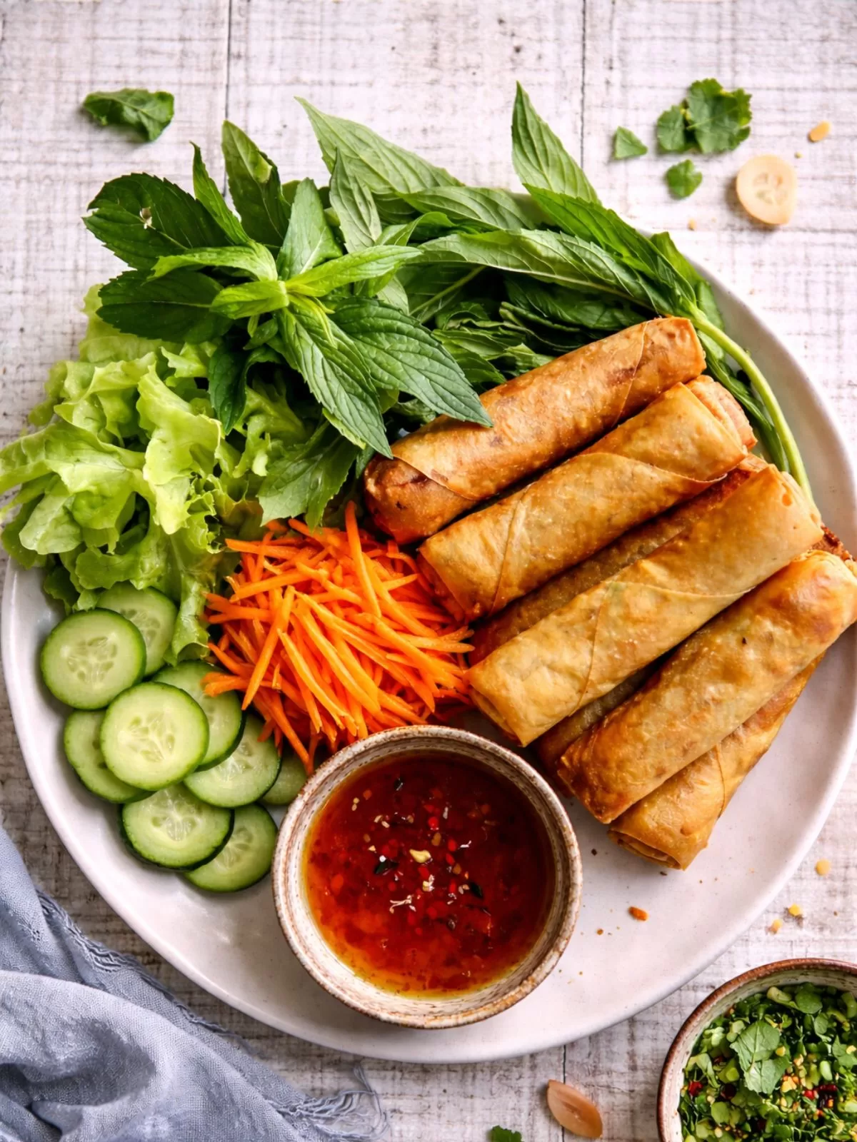 Overhead view of crispy Vietnamese spring rolls on a neutral off-white plate, served with fresh mint, lettuce, cucumber and shredded carrot, plus a bowl of sweet chilli dipping sauce on a white timber background in natural light.