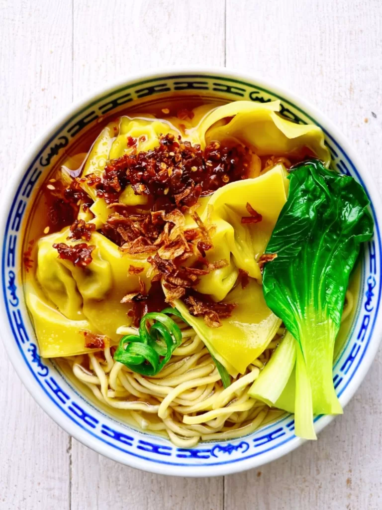Overhead close-up of a bowl of wonton noodle soup with egg noodles, plump wontons, bok choy, and clear broth, topped with chilli oil, crispy shallots and sliced green onion on a white timber surface in bright natural light.