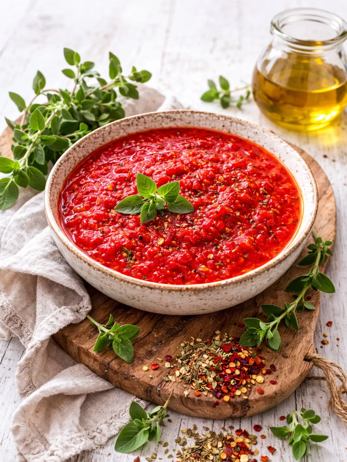 5-minute pasta and pizza sauce in a rustic ceramic bowl, topped with fresh oregano, sitting on a wooden board with a linen napkin, dried oregano and chilli flakes scattered in front, styled on a white timber background in natural light.