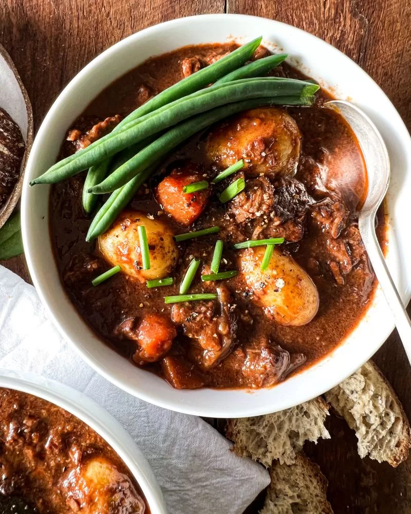 Bowl of Beef in Red Wine Casserole with Carrots and Potatoes