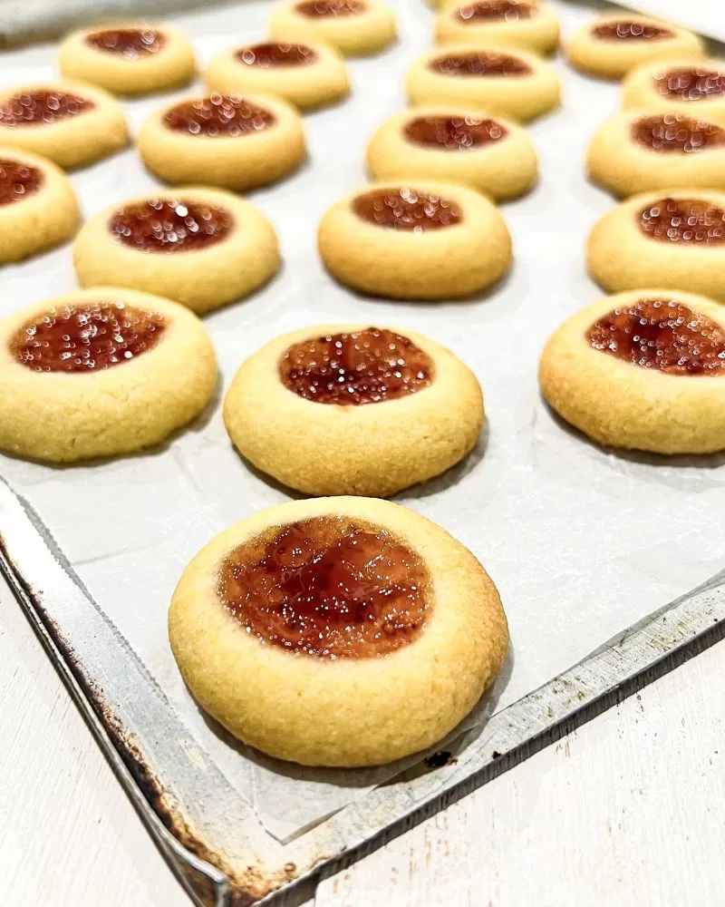 jam drop cookies on a tray