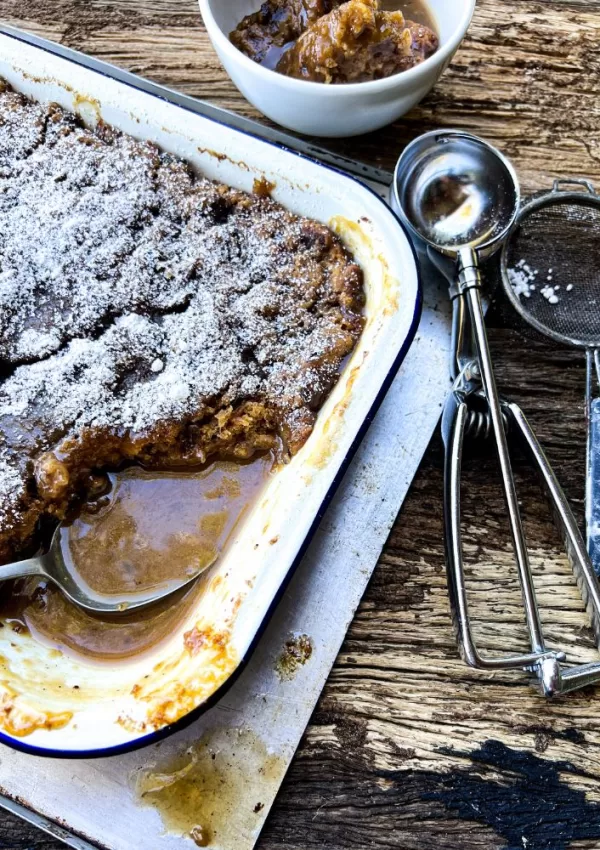 self saucing sticky date pudding in baking dish