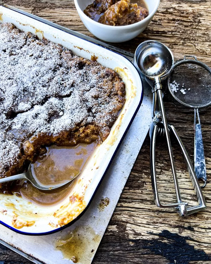 self saucing sticky date pudding in baking dish