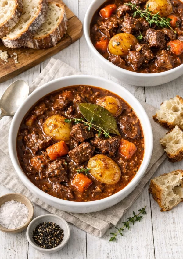Hearty beef stew with tender chunks of beef, carrots and potatoes in rich gravy, served in white bowls on a rustic white timber table with crusty bread and simple props in natural light.