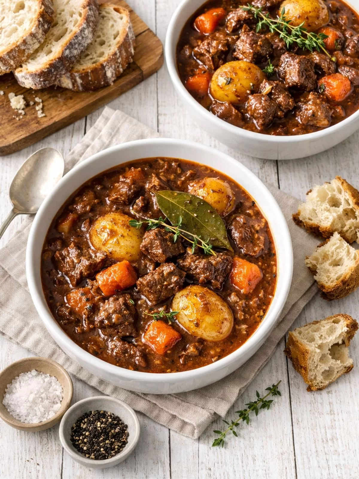 Hearty beef stew with tender chunks of beef, carrots and potatoes in rich gravy, served in white bowls on a rustic white timber table with crusty bread and simple props in natural light.