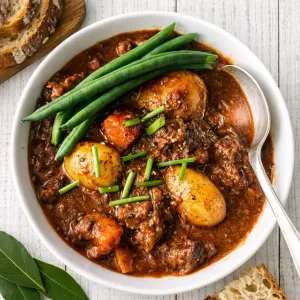 Hearty beef stew with chunks of beef, carrots and baby potatoes in a rich dark gravy, garnished with chives and green beans, served in a white bowl on a rustic white timber table with pieces of crusty bread on the side.