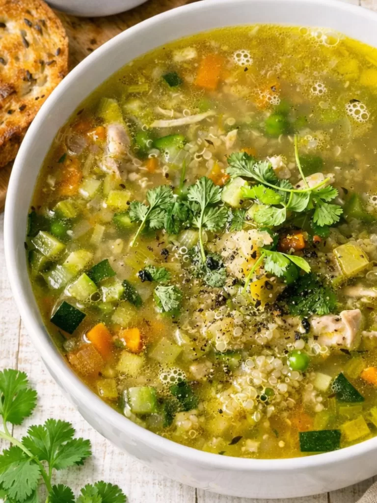 close up of chicken, vegetables and quinoa soup in white bowl.