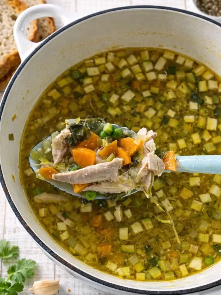 Close-up of chicken and vegetable soup in a white pot on a white timber surface, with a ladle lifting chicken, carrots, peas and diced vegetables in golden broth.