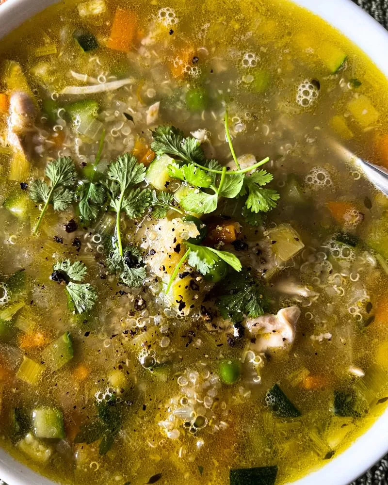 close up of chicken and vegetable soup