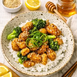 Crispy lemon honey chicken served over white rice with broccoli and sesame seeds, garnished with spring onion curls, styled on a white timber background with lemon wedges and honey nearby in natural light.