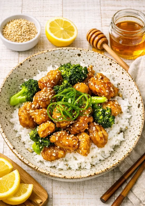 Crispy lemon honey chicken served over white rice with broccoli and sesame seeds, garnished with spring onion curls, styled on a white timber background with lemon wedges and honey nearby in natural light.
