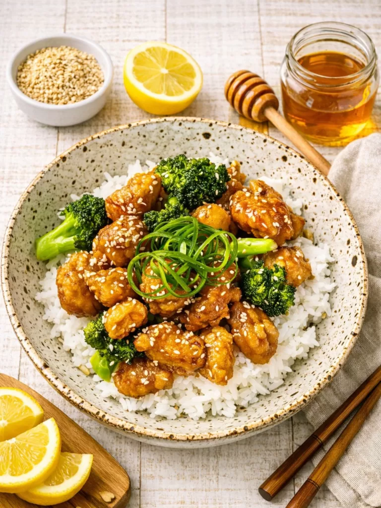 Crispy lemon honey chicken served over white rice with broccoli and sesame seeds, garnished with spring onion curls, styled on a white timber background with lemon wedges and honey nearby in natural light.