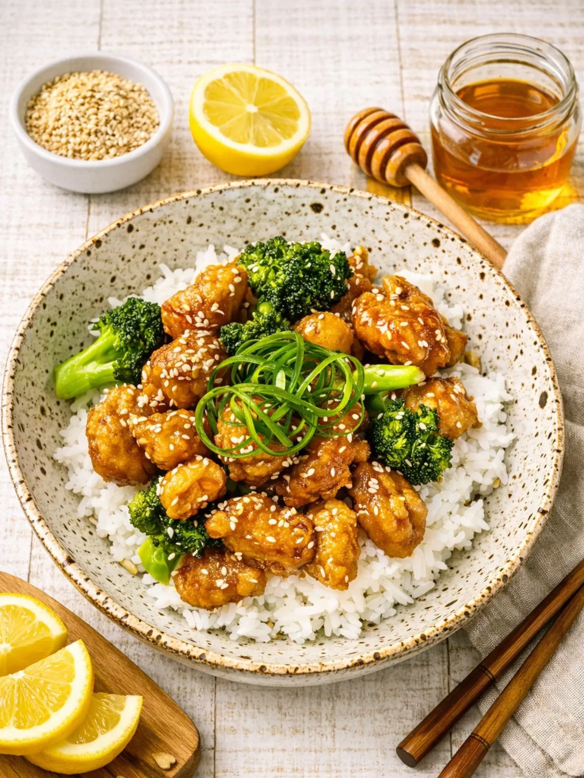 Crispy lemon honey chicken served over white rice with broccoli and sesame seeds, garnished with spring onion curls, styled on a white timber background with lemon wedges and honey nearby in natural light.
