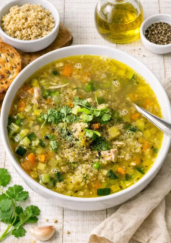 Chicken and quinoa soup in a white bowl on a white timber background, filled with golden broth, tender chicken, quinoa and diced vegetables, topped with fresh herbs and black pepper.