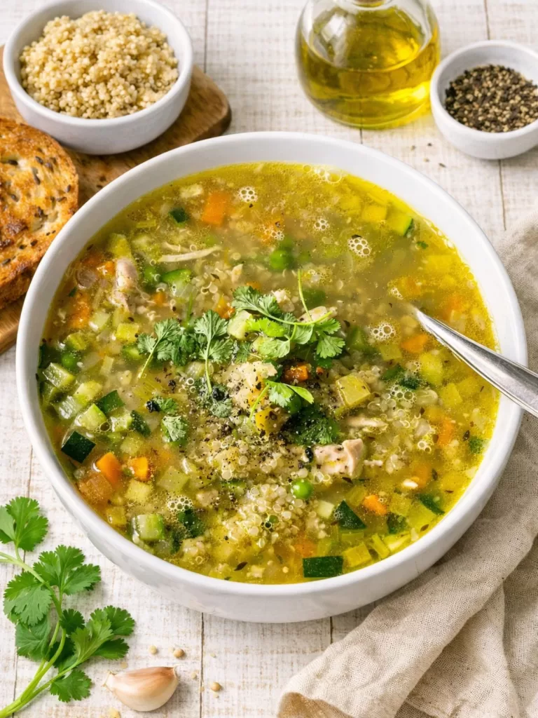 Chicken and quinoa soup in a white bowl on a white timber background, filled with golden broth, tender chicken, quinoa and diced vegetables, topped with fresh herbs and black pepper.