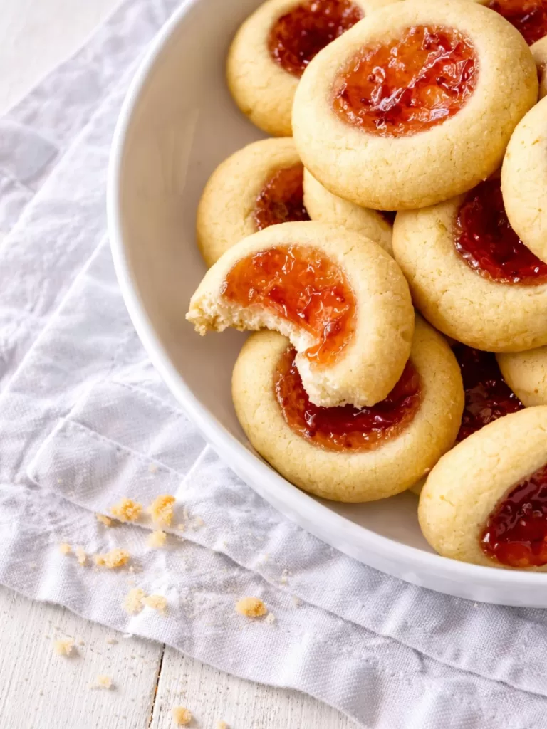 Bowl of mini jam drop biscuits with glossy jam centres on a white timber surface, with a bitten biscuit and scattered crumbs on a linen cloth.