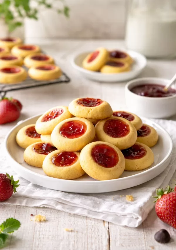 Plate of mini jam drop biscuits filled with glossy strawberry jam on a white timber table, with a small bowl of jam, extra biscuits, and fresh strawberries in bright natural light.