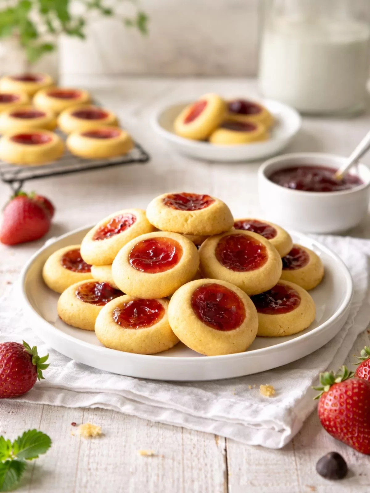 Plate of mini jam drop biscuits filled with glossy strawberry jam on a white timber table, with a small bowl of jam, extra biscuits, and fresh strawberries in bright natural light.