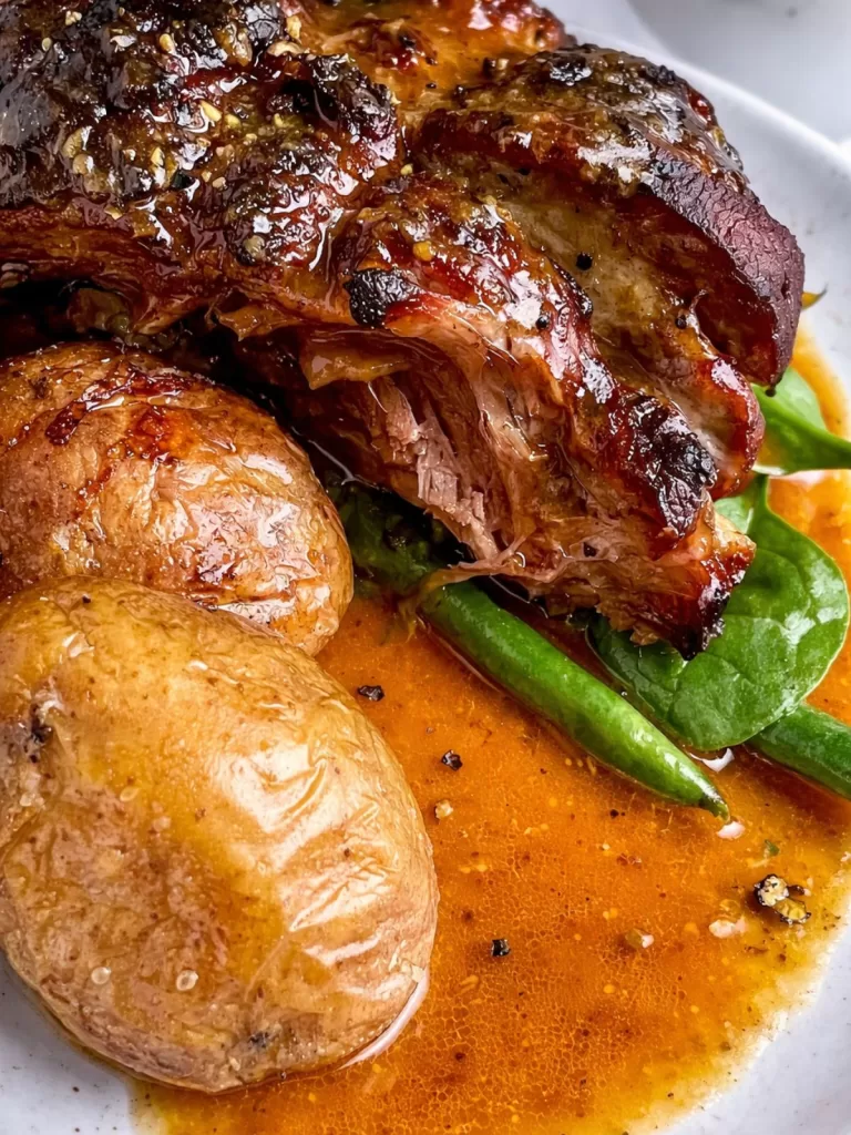 Close-up of slow braised lamb shoulder with honey and ale gravy, served with roasted baby potatoes and green beans on a white plate.