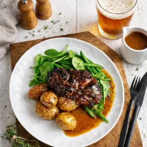 Pub-Style Slow Braised Lamb Shoulder with Ale & Honey Gravy, served with roasted baby potatoes, green beans, and spinach on a white plate, timber board under it. jug of gravy and beer.