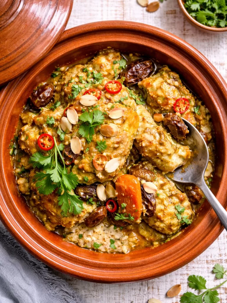 Overhead view of Moroccan chicken tagine with dates and carrots served in a traditional terracotta tagine base, garnished with toasted almonds, fresh coriander and sliced red chilli on a white timber background in natural light.
