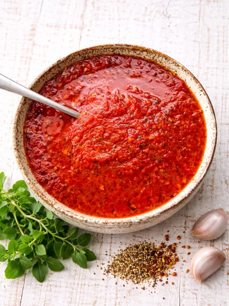 Overhead view of a bowl of chunky homemade pizza sauce with a spoon resting inside, set on a white timber background with fresh oregano, dried herbs, chilli flakes and garlic cloves nearby in natural light.