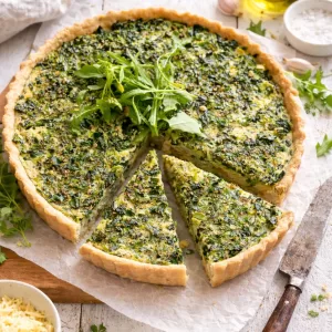 Spinach and feta quiche with a golden crust on a white timber table, styled with a neutral napkin, olive oil, garlic, grated cheese, and a knife.