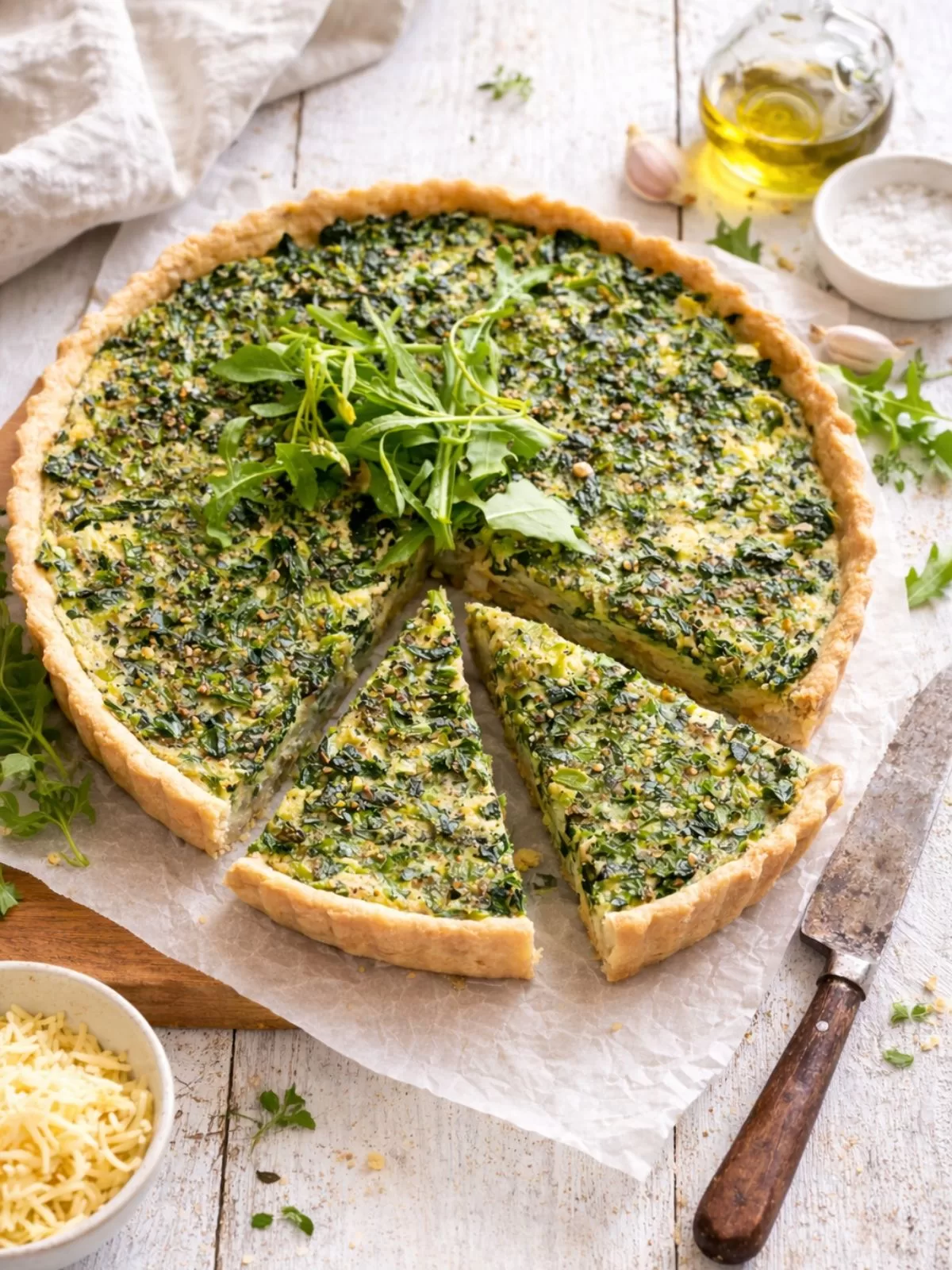 Spinach and feta quiche with a golden crust on a white timber table, styled with a neutral napkin, olive oil, garlic, grated cheese, and a knife.