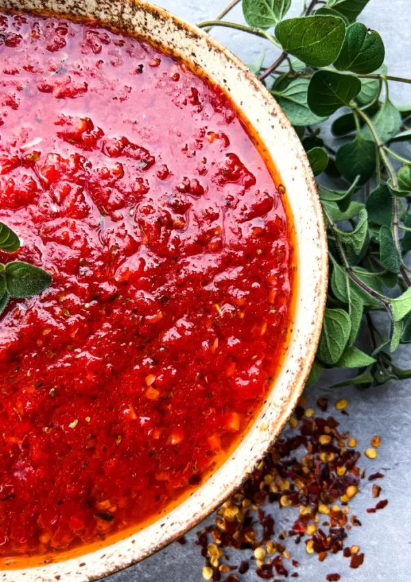 bowl of tomato pasta sauce with oregano