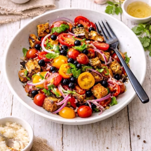Bruschetta salad with cherry tomatoes, croutons, red onion, herbs and balsamic pearls in a white bowl on a white timber background