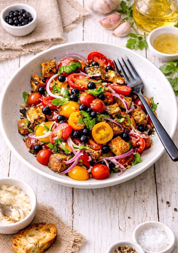 Bruschetta salad with cherry tomatoes, croutons, red onion, herbs and balsamic pearls in a white bowl on a white timber background
