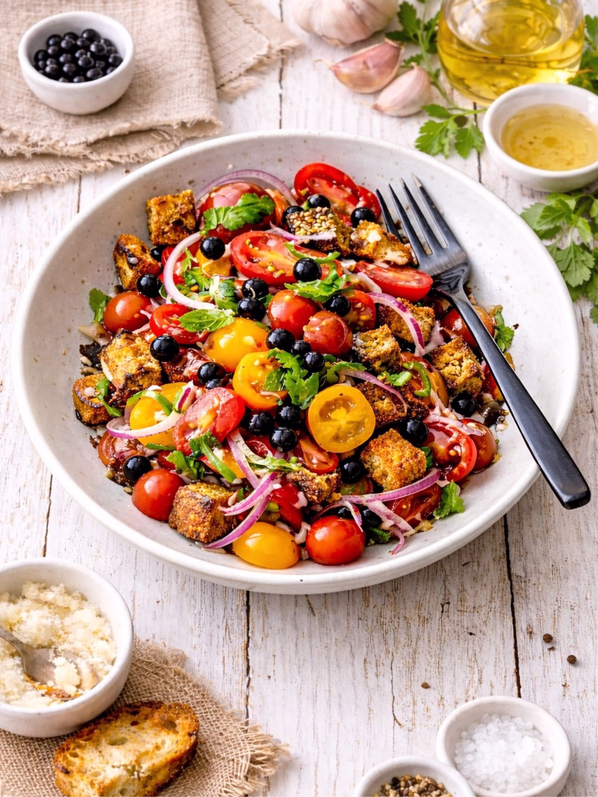 Bruschetta salad with cherry tomatoes, croutons, red onion, herbs and balsamic pearls in a white bowl on a white timber background