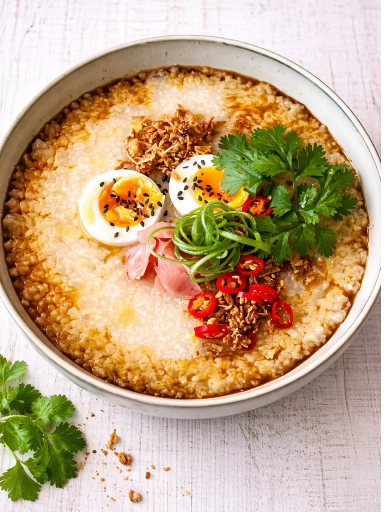 creamy congee with crispy shallots and chilli above a bowl of congee topped with jammy eggs and fresh coriander on a white timber surface.