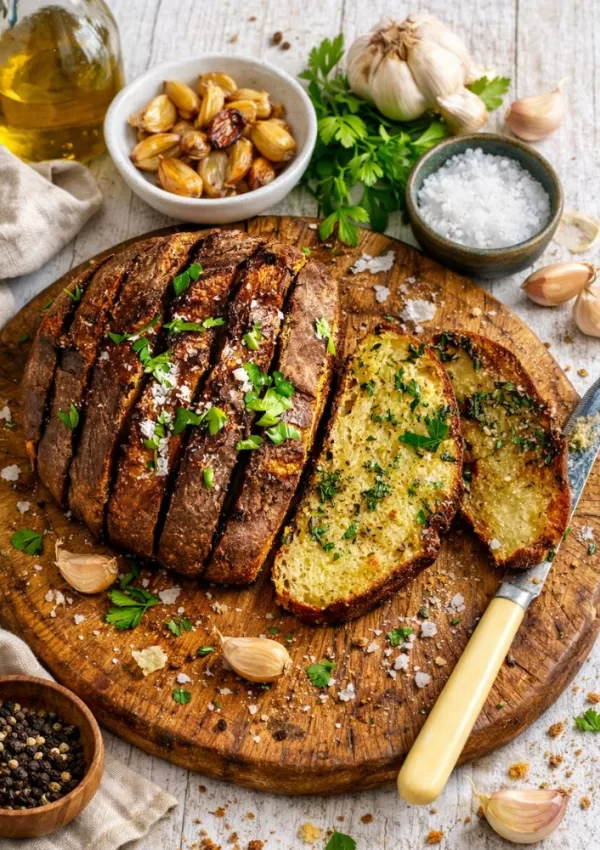 garlic bread on a wooden board