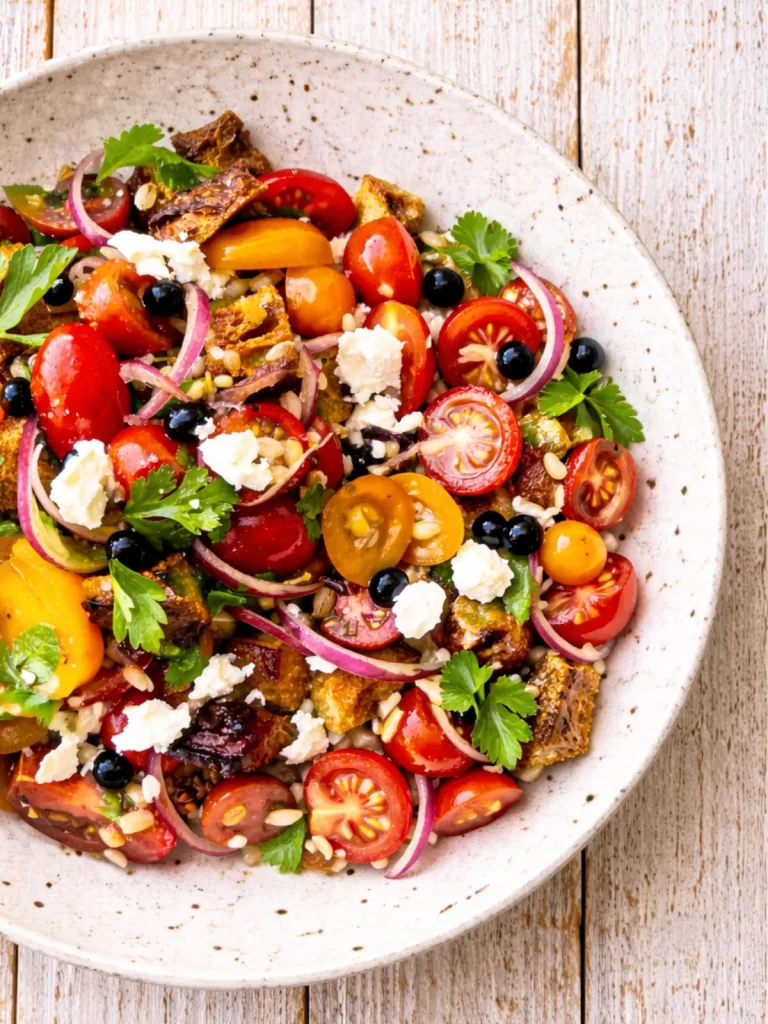 Overhead close-up of a bruschetta bowl on rustic white timber, filled with cherry tomatoes, toasted bread, red onion, herbs and crumbled feta, vibrant and fresh.