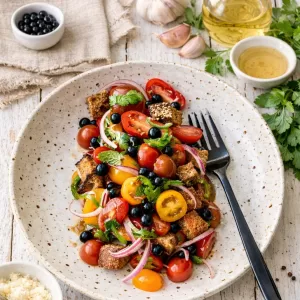 Close-up of a bruschetta bowl with cherry tomatoes, toasted croutons, red onion, fresh herbs and balsamic pearls, served in a speckled ceramic bowl with a fork on a white timber table, surrounded by small bowls of light balsamic, garlic and seasonings.