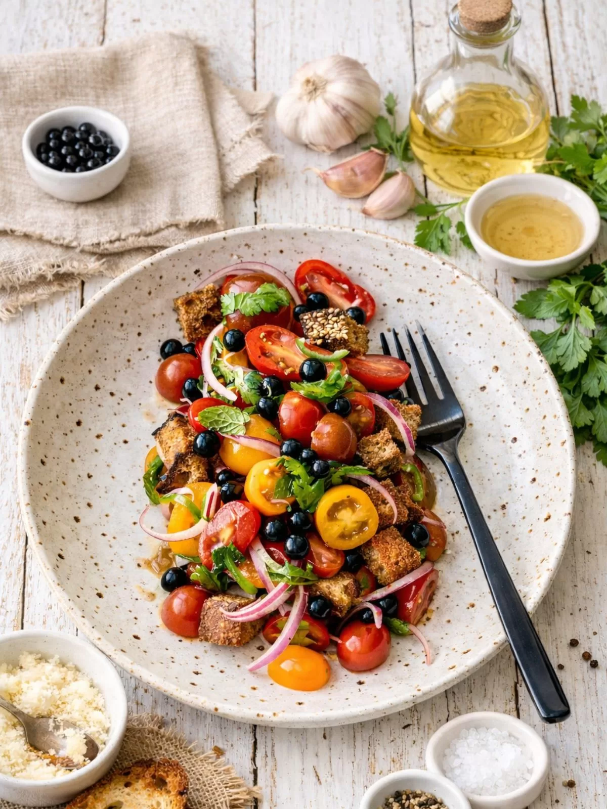 Close-up of a bruschetta bowl with cherry tomatoes, toasted croutons, red onion, fresh herbs and balsamic pearls, served in a speckled ceramic bowl with a fork on a white timber table, surrounded by small bowls of light balsamic, garlic and seasonings.