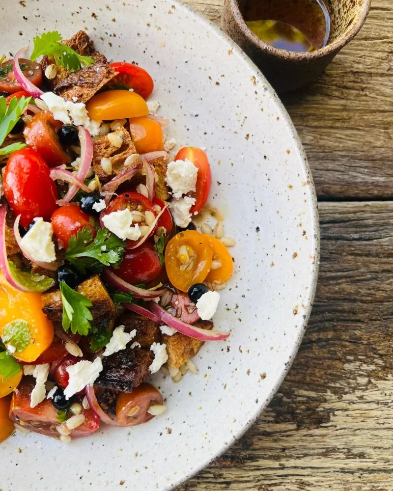 bruschetta bowl with barley and feta