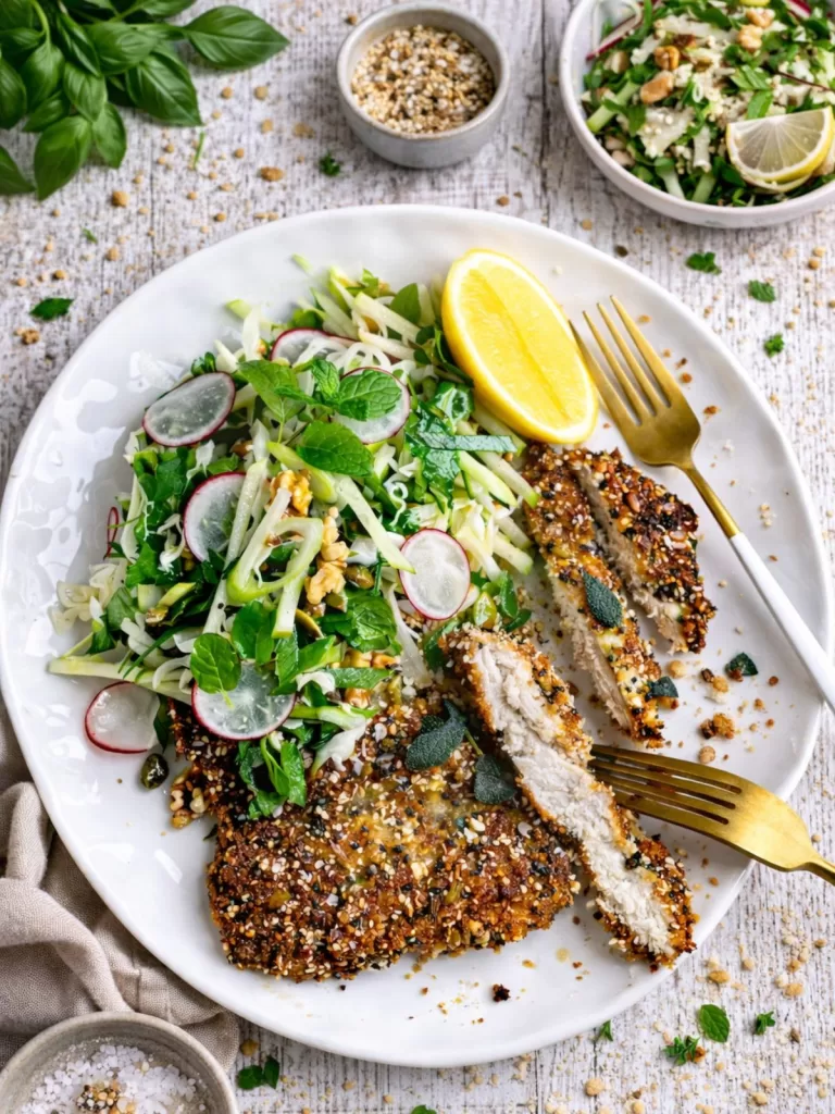 Overhead view of crispy panko and seed chicken schnitzel on a white plate over a white timber background, served with fresh herb salad and lemon, with scattered crumbs, sea salt and small bowls of seeds and salad in natural light.