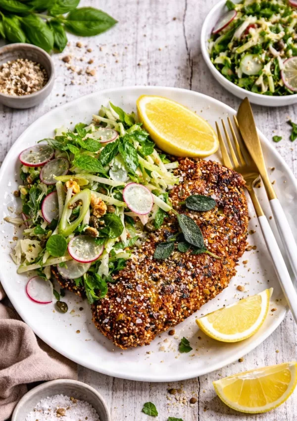 Crispy chicken schnitzel coated in panko breadcrumbs and mixed seeds on a white plate over a white timber background, served with fresh herb salad and pale lemon wedges in natural light with scattered crumbs.