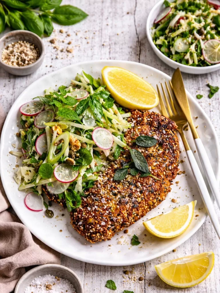 Crispy chicken schnitzel coated in panko breadcrumbs and mixed seeds on a white plate over a white timber background, served with fresh herb salad and pale lemon wedges in natural light with scattered crumbs.