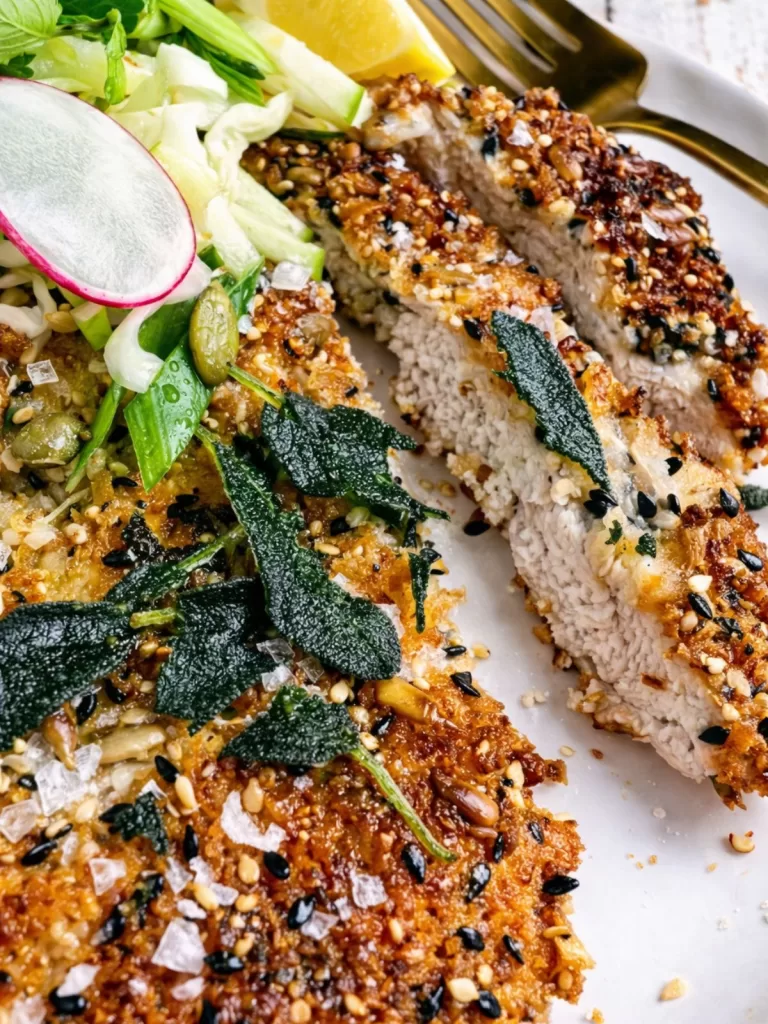 Seeded panko chicken schnitzel on a white plate over a white timber background, scattered crumbs and a fresh herb salad with lemon in natural light.